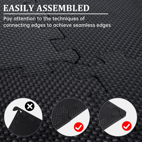Black EVA foam puzzle mats – 18 pcs interlocking set
Interlocking foam gym flooring in the home workout room
Close-up of EVA foam tile texture and thickness
Waterproof gym mat floor tiles arranged in a 6 ft x 3 ft area
Protective EVA floor mat tiles are used under gym equipment