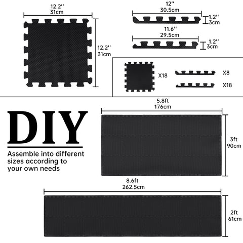 Black EVA foam puzzle mats – 18 pcs interlocking set
Interlocking foam gym flooring in the home workout room
Close-up of EVA foam tile texture and thickness
Waterproof gym mat floor tiles arranged in a 6 ft x 3 ft area
Protective EVA floor mat tiles are used under gym equipment