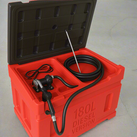 180L fuel transfer tank with red body and electric pump
Gas and diesel compatible fuel tank – 57 LPM electric pump
Portable 180-liter fuel transfer system with automatic nozzle