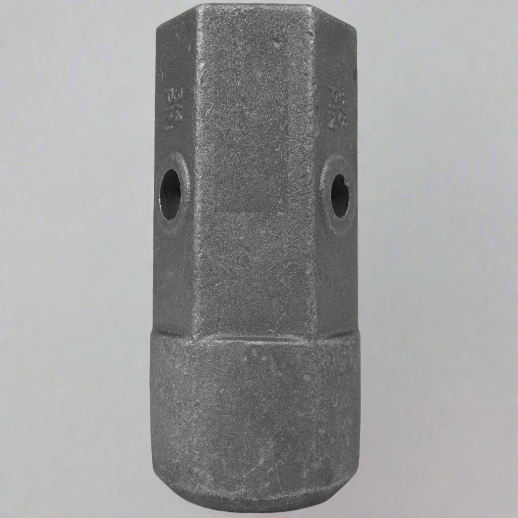 Heavy-duty 2" hex female auger bit repair hub – front angle
Cast alloy auger hub with dual pin holes – close-up
Weld-on auger adapter – side profile
2" hex drive repair hub – ideal for post hole diggers
