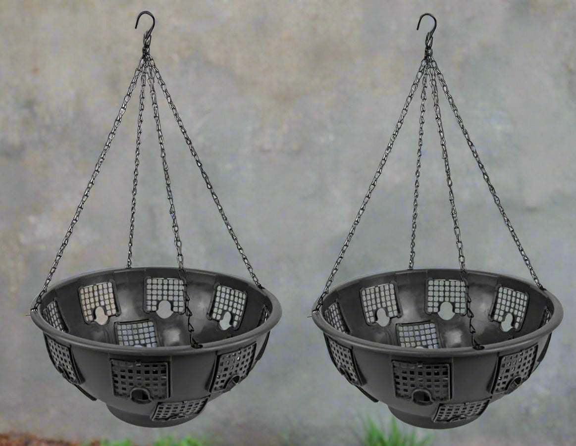 Two black plastic hanging basket planters with metal chains
Weather-resistant plastic planter bowls for flowers
Garden hanging pots set displayed outdoors
Side view of deep hanging planter design
Lightweight plastic hanging planters for porch or balcony
Pre-drilled drainage holes in hanging flower pots