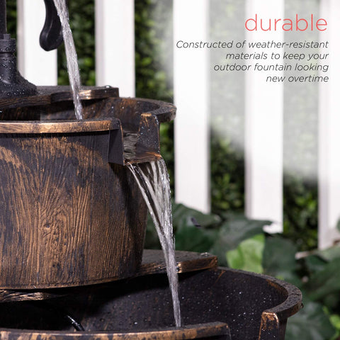 2-Tier Garden Barrel Water Fountain with Cascading Rustic Wooden Design for Outdoor Patio or Yard