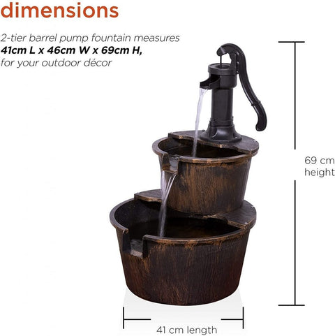 2-Tier Garden Barrel Water Fountain with Cascading Rustic Wooden Design for Outdoor Patio or Yard