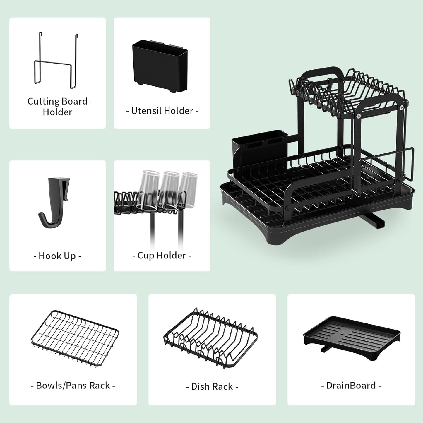 Black 2-tier dish rack with drainboard and accessories
Kitchen dish rack holding plates, cups, and utensils
Close-up of removable drain tray and cup holders
Cutlery holder and cutting board attachment included
Sleek and rustproof multipurpose kitchen organizer