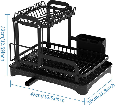 Black 2-tier dish rack with drainboard and accessories
Kitchen dish rack holding plates, cups, and utensils
Close-up of removable drain tray and cup holders
Cutlery holder and cutting board attachment included
Sleek and rustproof multipurpose kitchen organizer