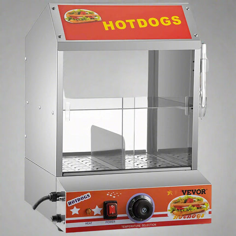 2-tier hot dog steamer with tempered glass doors and bun warmer
Commercial hot dog steamer showing 27L capacity
Food truck-ready stainless steel hot dog and bun warmer
Hot dog warmer for concession stand with clear slide doors
Interior view of dual-tier hot dog steamer filled with buns and sausages