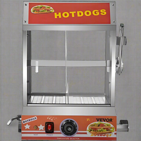 2-tier hot dog steamer with tempered glass doors and bun warmer
Commercial hot dog steamer showing 27L capacity
Food truck-ready stainless steel hot dog and bun warmer
Hot dog warmer for concession stand with clear slide doors
Interior view of dual-tier hot dog steamer filled with buns and sausages