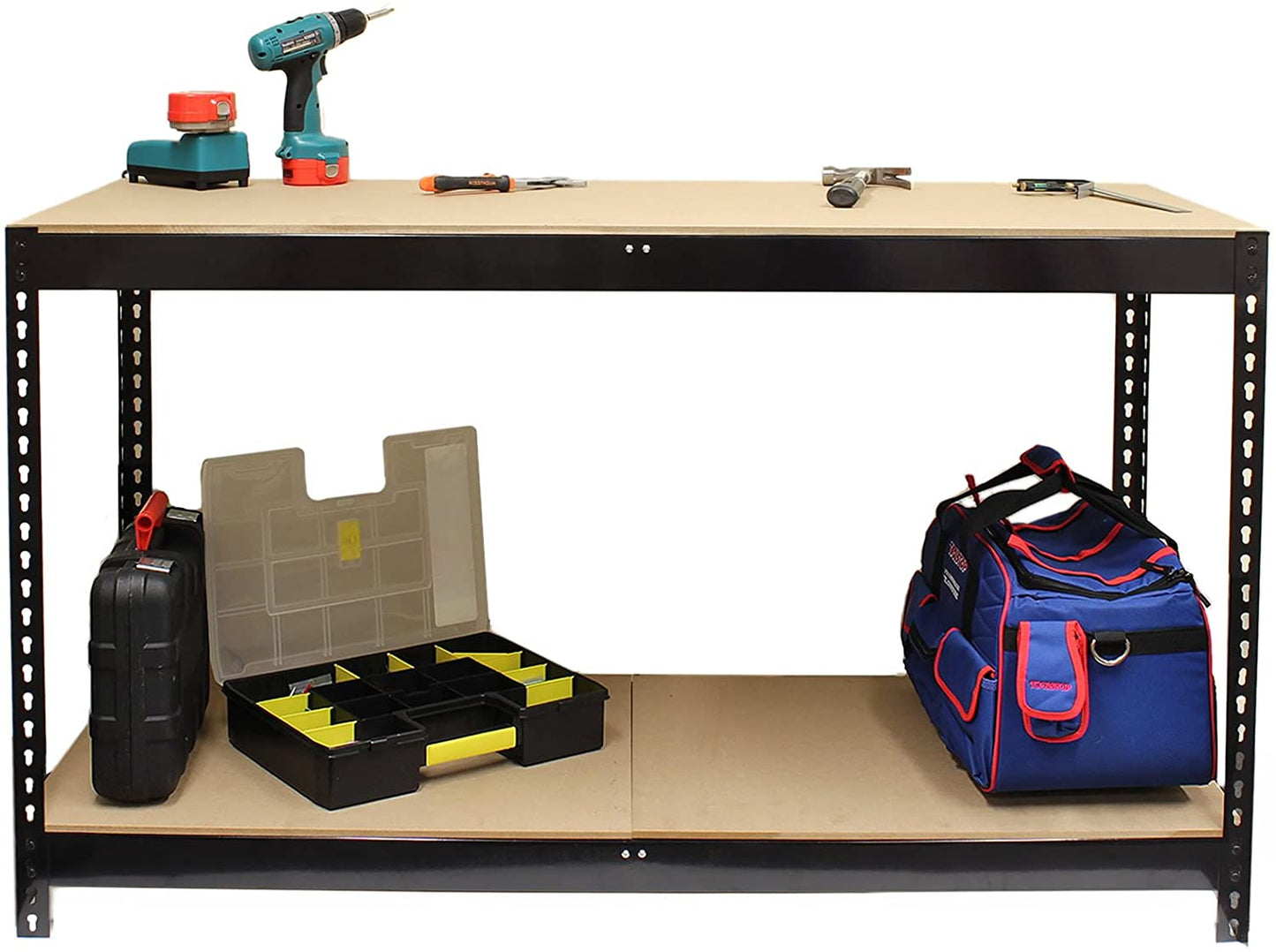 "2 Tier Steel Workbench with Adjustable MDF Shelves for Garage"
"Heavy-Duty Garage Workbench Table for Workshop Storage"
"Durable Steel Frame Workbench with Two Shelves WB12060"