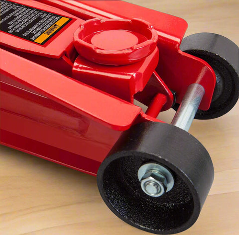 Big Red 2 Ton Hydraulic Floor Jack – Side View with Trolley Design
Low-Profile Hydraulic Jack – Compact Design for Cars and SUVs
Big Red Floor Jack in Action – Lifting Compact Vehicle