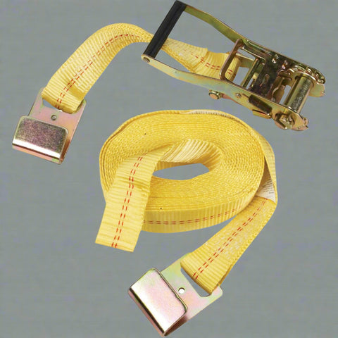 Flat Hook Ratchet Strap 2x27FT – Heavy Duty Yellow Cargo Tie-Down
Ratchet Tie-Down Strap with Flat Hooks – Side View
Industrial Cargo Strap Bundle – Case of 10 Yellow Straps