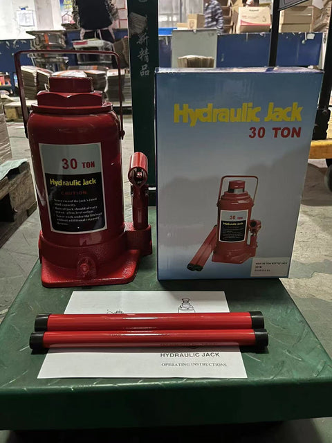 “Heavy-duty hydraulic bottle jack on steel platform”
“30-ton red bottle jack under truck”
“Close-up of 50-ton hydraulic jack with safety pin handle”