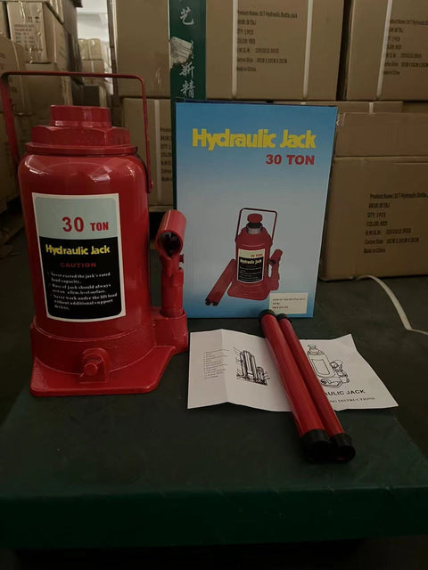 “Heavy-duty hydraulic bottle jack on steel platform”
“30-ton red bottle jack under truck”
“Close-up of 50-ton hydraulic jack with safety pin handle”