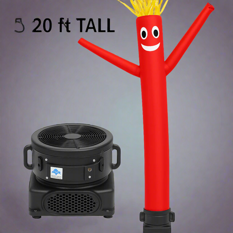 20 FT Inflatable Sky Dancer with Blower – Wacky Waving Man for Outdoor Advertising Colorful inflatable air tube man in red, green, and blue with 18” blower base