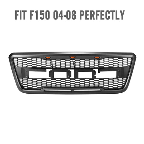 Front view of the 2004–2008 Ford F-150 Raptor grille
Installation kit and LED wiring harness
LED lights close-up on grille
Before and after truck grille installation
Black ABS plastic honeycomb grille
Amber LED light placement inside grille