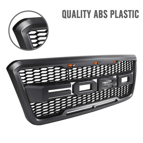 Front view of the 2004–2008 Ford F-150 Raptor grille
Installation kit and LED wiring harness
LED lights close-up on grille
Before and after truck grille installation
Black ABS plastic honeycomb grille
Amber LED light placement inside grille