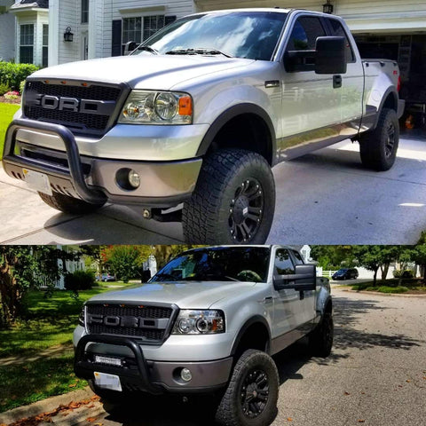 Front view of the 2004–2008 Ford F-150 Raptor grille
Installation kit and LED wiring harness
LED lights close-up on grille
Before and after truck grille installation
Black ABS plastic honeycomb grille
Amber LED light placement inside grille