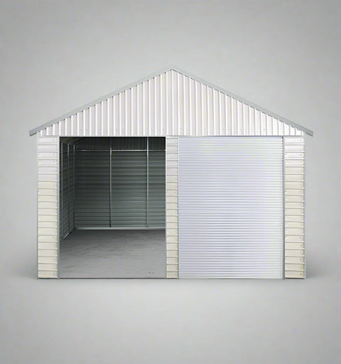 “Front view of 21x19 FT metal garage shed with electric roll-up doors”
“Side view of heavy-duty double metal garage shed structure”
“Spacious steel shed ideal for vehicle or equipment storage”