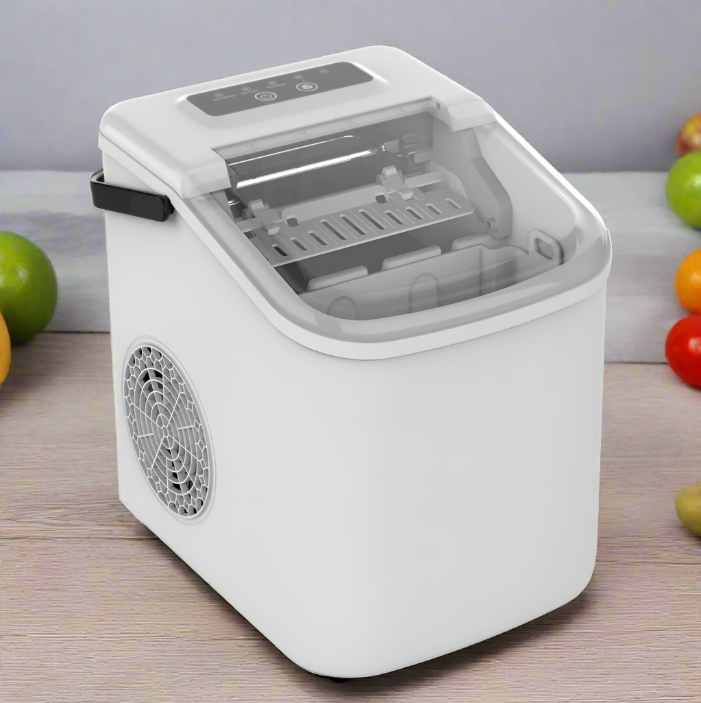 Compact 22 lbs countertop ice maker with scoop and basket
Portable ice machine for home or office
White tabletop ice maker with transparent lid
Efficient electric ice maker for quick ice production