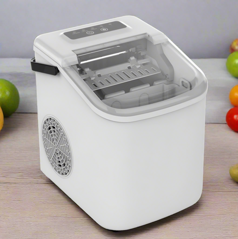 Compact 22 lbs countertop ice maker with scoop and basket
Portable ice machine for home or office
White tabletop ice maker with transparent lid
Efficient electric ice maker for quick ice production