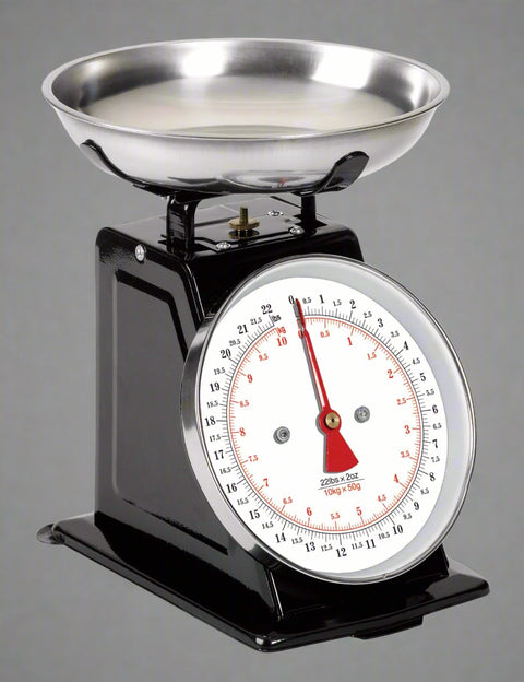 "22 LB retro kitchen scale with stainless steel bowl – silver design"
"Mechanical dial kitchen scale – black & silver classic model"
"Analog kitchen scale for food prep – vintage look, 410MKS"