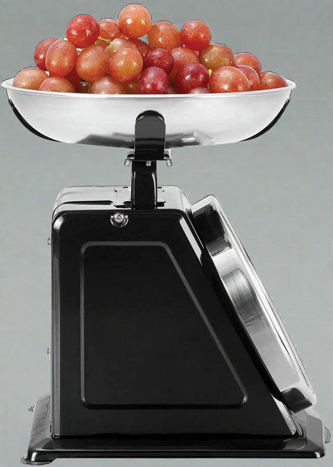 "22 LB retro kitchen scale with stainless steel bowl – silver design"
"Mechanical dial kitchen scale – black & silver classic model"
"Analog kitchen scale for food prep – vintage look, 410MKS"