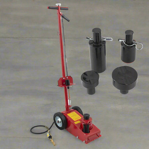 22 Ton Air Hydraulic Floor Jack – Full Side View in Red
35 Ton Air Hydraulic Jack with Adapters – Black Finish
Heavy-Duty Floor Jack Set – Both Sizes with Components
22 & 35 Ton Air Jacks – Extended Handle Setup
Close-Up of Hydraulic Lift Mechanism and Controls
Heavy-Duty Wheels and Lifting Saddle – Air Jack Detail