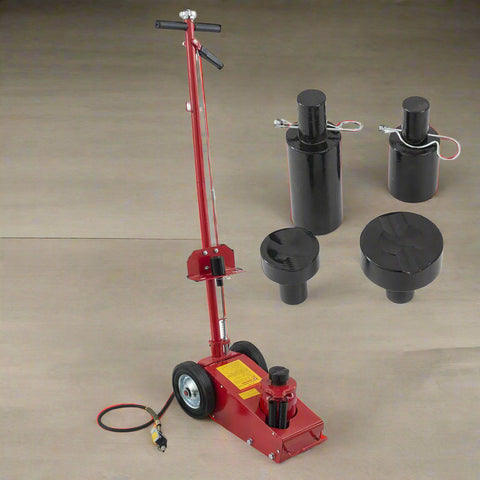 22 Ton Air Hydraulic Floor Jack – Full Side View in Red
35 Ton Air Hydraulic Jack with Adapters – Black Finish
Heavy-Duty Floor Jack Set – Both Sizes with Components
22 & 35 Ton Air Jacks – Extended Handle Setup
Close-Up of Hydraulic Lift Mechanism and Controls
Heavy-Duty Wheels and Lifting Saddle – Air Jack Detail