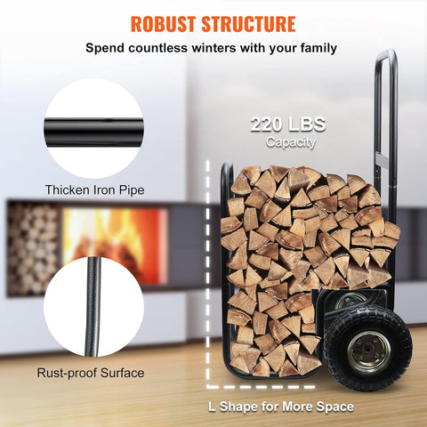 Heavy-duty firewood cart with wheels and black steel frame
220 lb wood carrier with firewood rack design
Outdoor firewood rolling cart for hauling logs
All-terrain log carrier with upright storage option