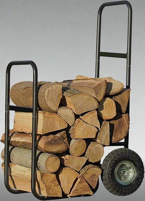 Heavy-duty firewood cart with wheels and black steel frame
220 lb wood carrier with firewood rack design
Outdoor firewood rolling cart for hauling logs
All-terrain log carrier with upright storage option