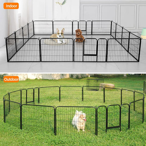 Outdoor 24-panel metal dog playpen in backyard
Heavy-duty dog fence setup with black powder-coated panels
Large modular dog run for multiple pets
Rectangle layout of outdoor dog enclosure
Secure outdoor pet fence with gate access