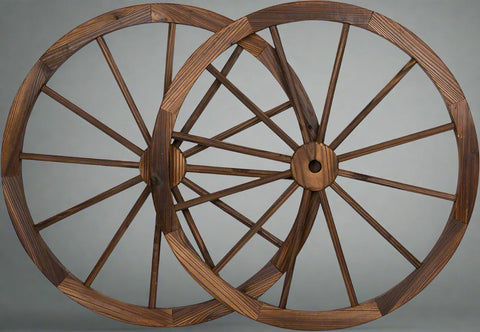 "Rustic wooden wagon wheel 48 inch for garden decor"
"Burnt wood wagon wheel leaning against a fence"
"Farmhouse yard display with decorative wooden wheels"