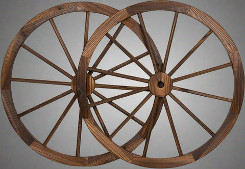 "Rustic wooden wagon wheel 48 inch for garden decor"
"Burnt wood wagon wheel leaning against a fence"
"Farmhouse yard display with decorative wooden wheels"