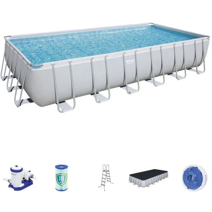 Bestway rectangular steel frame pool full view
Pool kit with pump, ladder, and accessories
Top view of large outdoor family pool
Side view showing reinforced steel frame setup
Pool with children playing in a backyard setting