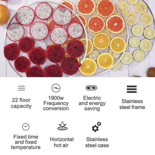 Front view of 24-layer stainless steel food dehydrator with digital controls
Display panel of commercial dehydrator with LED screen
Dehydrator trays showing fruits and herbs drying
Beef jerky inside stainless steel dehydrator
Dehydrated apple chips, mango, and banana slices in dehydrator
