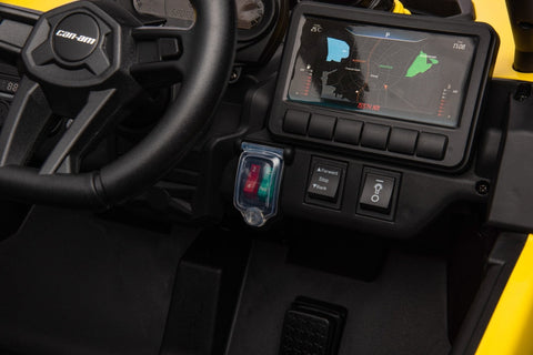 Neon Green 24V Can-Am UTV ride-on car for kids
Side view of Can-Am Maverick electric kids vehicle
Rear suspension view of 2-seater ride-on UTV
LED headlight detail on Can-Am ride-on
Kids ride-on off-road UTV in Neon Pink