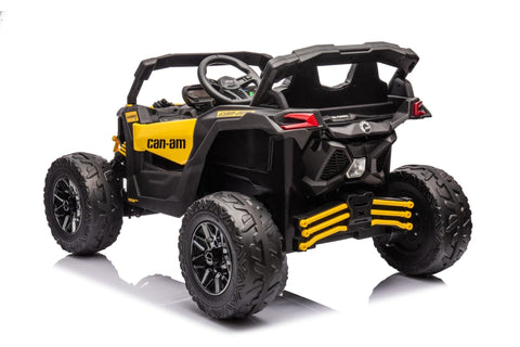 Neon Green 24V Can-Am UTV ride-on car for kids
Side view of Can-Am Maverick electric kids vehicle
Rear suspension view of 2-seater ride-on UTV
LED headlight detail on Can-Am ride-on
Kids ride-on off-road UTV in Neon Pink
