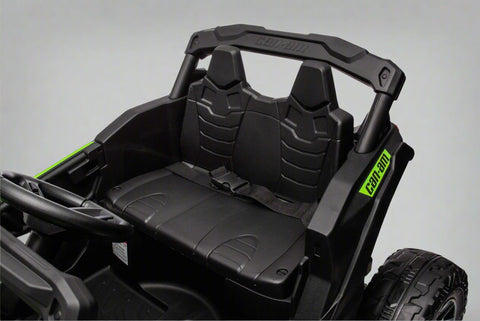 Neon Green 24V Can-Am UTV ride-on car for kids
Side view of Can-Am Maverick electric kids vehicle
Rear suspension view of 2-seater ride-on UTV
LED headlight detail on Can-Am ride-on
Kids ride-on off-road UTV in Neon Pink