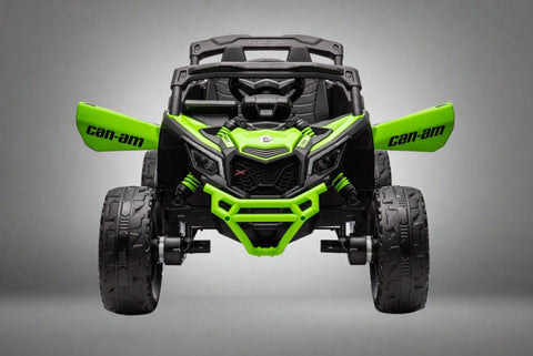 Neon Green 24V Can-Am UTV ride-on car for kids
Side view of Can-Am Maverick electric kids vehicle
Rear suspension view of 2-seater ride-on UTV
LED headlight detail on Can-Am ride-on
Kids ride-on off-road UTV in Neon Pink