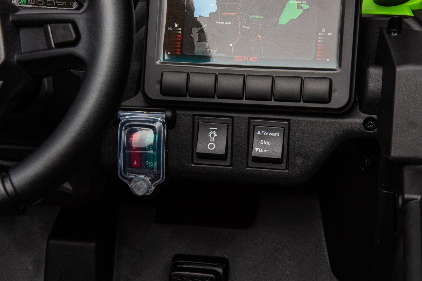 Neon Green 24V Can-Am UTV ride-on car for kids
Side view of Can-Am Maverick electric kids vehicle
Rear suspension view of 2-seater ride-on UTV
LED headlight detail on Can-Am ride-on
Kids ride-on off-road UTV in Neon Pink