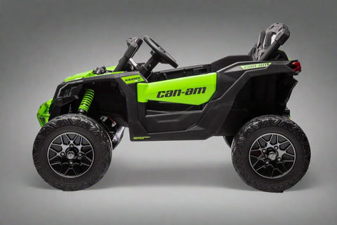 Neon Green 24V Can-Am UTV ride-on car for kids
Side view of Can-Am Maverick electric kids vehicle
Rear suspension view of 2-seater ride-on UTV
LED headlight detail on Can-Am ride-on
Kids ride-on off-road UTV in Neon Pink