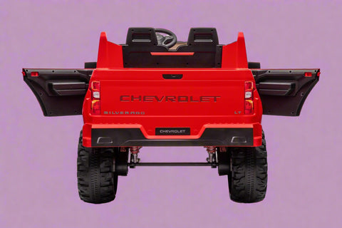 Red Chevrolet ride-on pickup truck for kids with open doors
Front view of Chevrolet kids ride-on with LED lights
Side view of red 24V Chevrolet electric truck toy
Remote-controlled kids electric pickup truck in red
Ride-on truck with Bluetooth and leather seating for children