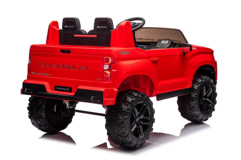 Red Chevrolet ride-on pickup truck for kids with open doors
Front view of Chevrolet kids ride-on with LED lights
Side view of red 24V Chevrolet electric truck toy
Remote-controlled kids electric pickup truck in red
Ride-on truck with Bluetooth and leather seating for children