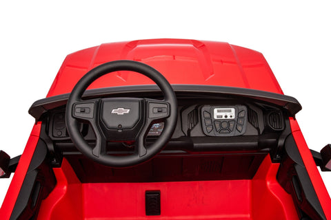 Red Chevrolet ride-on pickup truck for kids with open doors
Front view of Chevrolet kids ride-on with LED lights
Side view of red 24V Chevrolet electric truck toy
Remote-controlled kids electric pickup truck in red
Ride-on truck with Bluetooth and leather seating for children