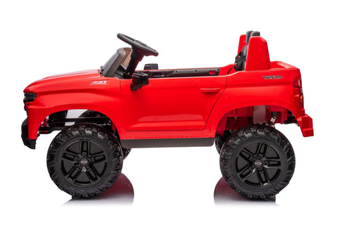 Red Chevrolet ride-on pickup truck for kids with open doors
Front view of Chevrolet kids ride-on with LED lights
Side view of red 24V Chevrolet electric truck toy
Remote-controlled kids electric pickup truck in red
Ride-on truck with Bluetooth and leather seating for children