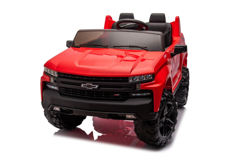Red Chevrolet ride-on pickup truck for kids with open doors
Front view of Chevrolet kids ride-on with LED lights
Side view of red 24V Chevrolet electric truck toy
Remote-controlled kids electric pickup truck in red
Ride-on truck with Bluetooth and leather seating for children