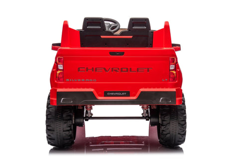 Red Chevrolet ride-on pickup truck for kids with open doors
Front view of Chevrolet kids ride-on with LED lights
Side view of red 24V Chevrolet electric truck toy
Remote-controlled kids electric pickup truck in red
Ride-on truck with Bluetooth and leather seating for children