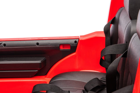 Red Chevrolet ride-on pickup truck for kids with open doors
Front view of Chevrolet kids ride-on with LED lights
Side view of red 24V Chevrolet electric truck toy
Remote-controlled kids electric pickup truck in red
Ride-on truck with Bluetooth and leather seating for children