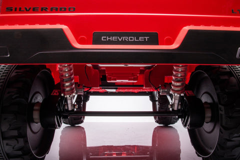 Red Chevrolet ride-on pickup truck for kids with open doors
Front view of Chevrolet kids ride-on with LED lights
Side view of red 24V Chevrolet electric truck toy
Remote-controlled kids electric pickup truck in red
Ride-on truck with Bluetooth and leather seating for children