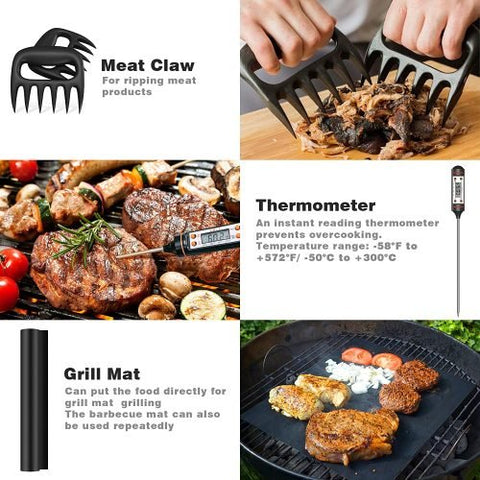 “Complete 25-piece BBQ tool set in stainless steel with case”
• “Outdoor grill tools set with spatula, tongs, fork, and accessories”
• “Camping BBQ kit tools for outdoor grilling”