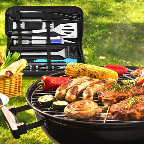 “Complete 25-piece BBQ tool set in stainless steel with case”
• “Outdoor grill tools set with spatula, tongs, fork, and accessories”
• “Camping BBQ kit tools for outdoor grilling”